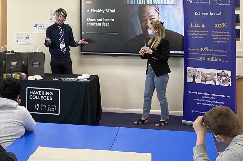 Business students from New City College Havering Sixth Form deliver presentation on mental health to pupils at Hornchurch High School