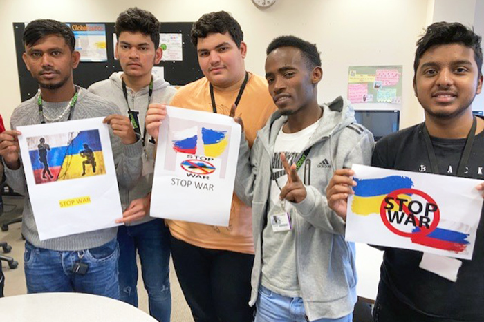 Young ESOL students from New City College Tower Hamlets campus in Arbour Square made posters and messages in support of the people of Ukraine.
